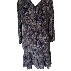 Vintage 90s Leslie Fay Navy Print Ruffle Dress